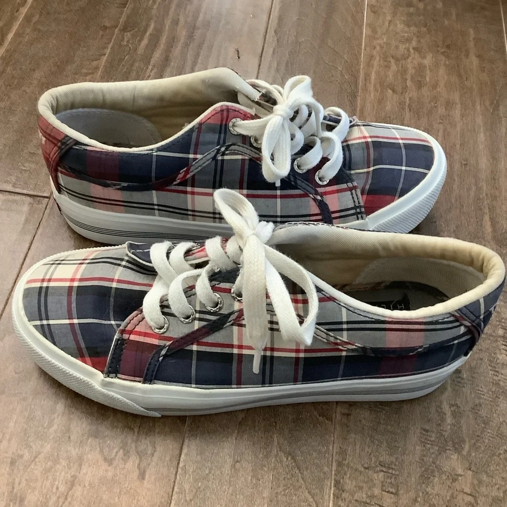 Tommy Hilfiger Red and Blue Plaid Sneakers, 7.5